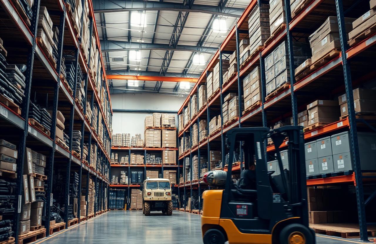 Defense distribution warehouse with organized inventory